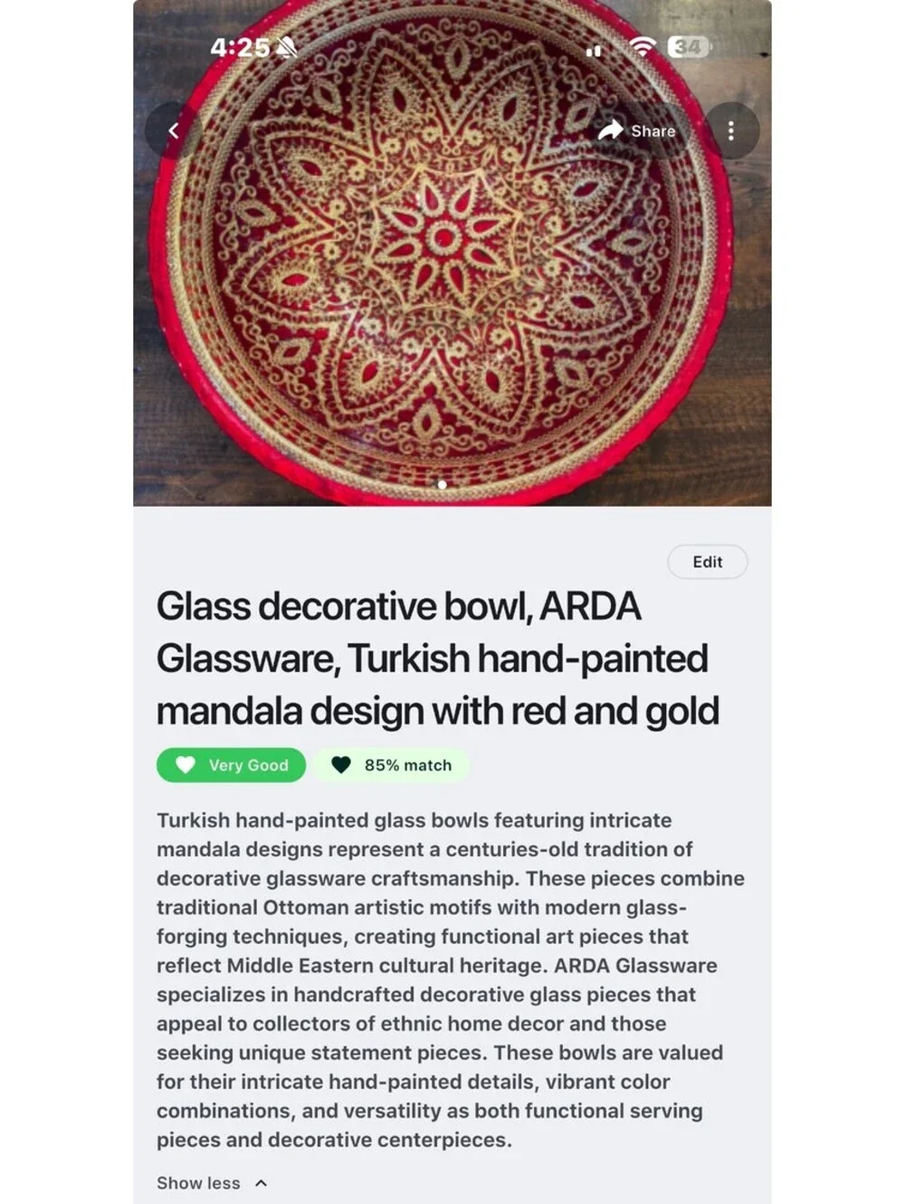 ARDA Turkish Hand-Painted Glass Decorative Bowl with Mandala Design